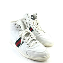 GUCCI SIGNATURE HIGH LEATHER SNEAKER, 11.5, WHITE, GREEN AND RED STRIPE