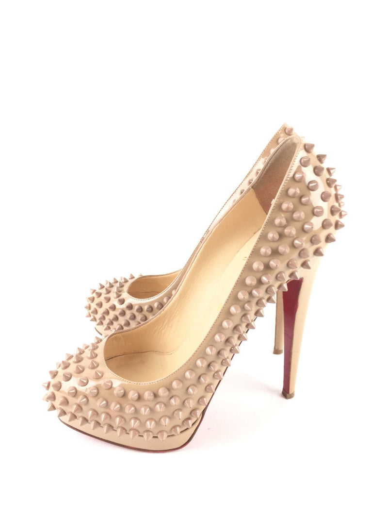 CHRISTIAN LOUBOUTIN NUDE PATENT LEATHER ALTI SPIKES 160 PUMPS