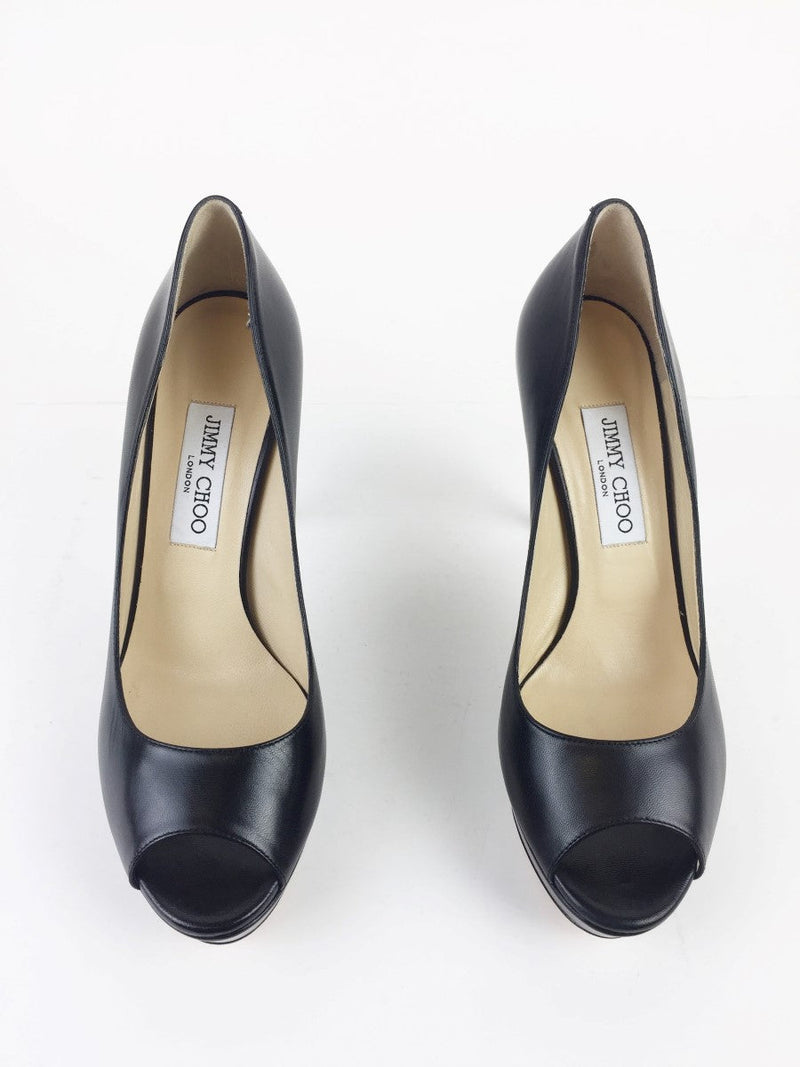 JIMMY CHOO LEATHER DAHLIA KID PLATFORM HEELS BLACK SIZE 39.5