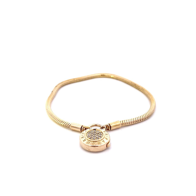 PANDORA GOLD PLATED S925 CZ PADLOCK BRACELET 18.98G GEP-Y/G, 17-ROUND CZ'S 0.28C