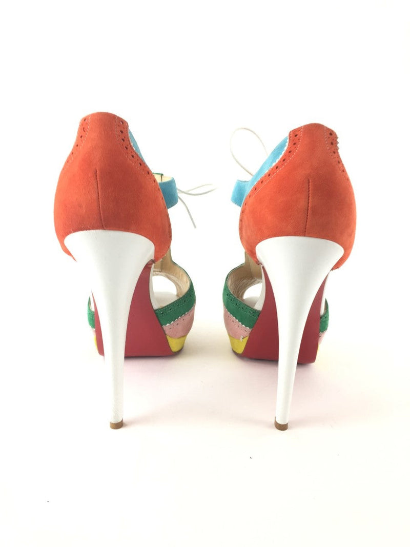 CHRISTIAN LOUBOUTIN SUEDE COLOR-BLOCK LACE UP PEEP PUMPS