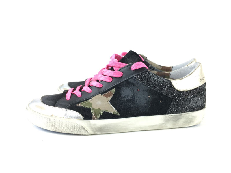 GOLDEN GOOSE SUPER-STAR SNEAKERS IN BLACK GLITTER AND SUEDE WITH CAMOUFLAGE FABR