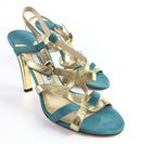 JIMMY CHOO BLUE SUEDE AND GOLD METALLIC LEATHER STRAPPY HEEL