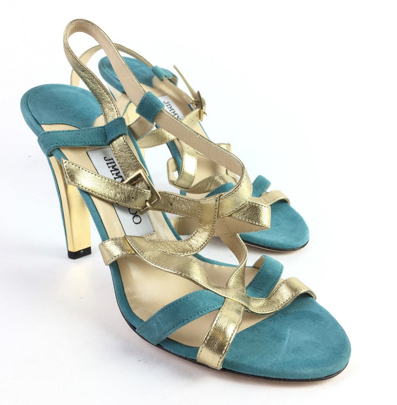 JIMMY CHOO BLUE SUEDE AND GOLD METALLIC LEATHER STRAPPY HEEL