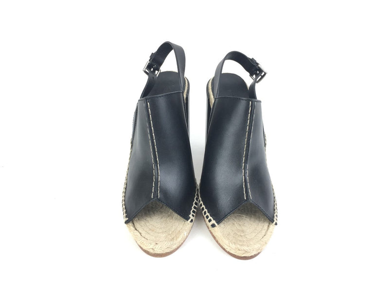 HERMÈS BLACK PEEP TOE LEATHER ESPADRILLE SANDALS