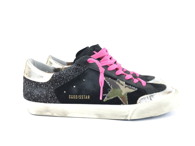 GOLDEN GOOSE SUPER-STAR SNEAKERS IN BLACK GLITTER AND SUEDE WITH CAMOUFLAGE FABR