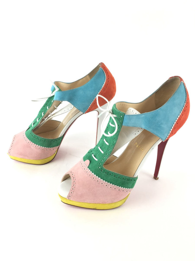 CHRISTIAN LOUBOUTIN SUEDE COLOR-BLOCK LACE UP PEEP PUMPS