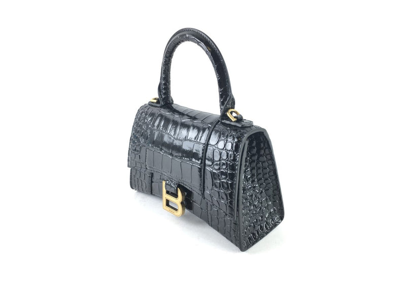 BALENCIAGA XS HOURGLASS CROC-EMBOSSED LEATHER TOP HANDLE BAG