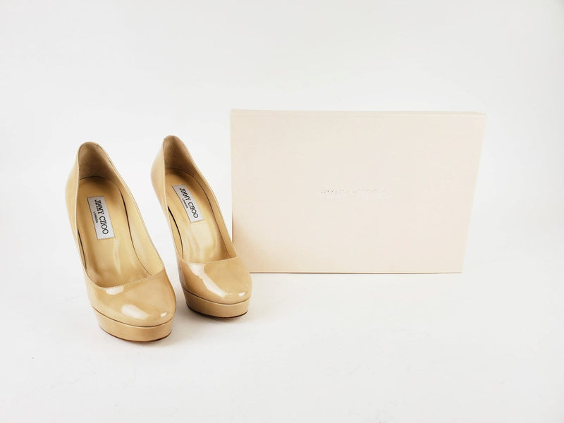 JIMMY CHOO COSMIC NUDE PATENT LEATHER PLATFORM PUMP SZ 7