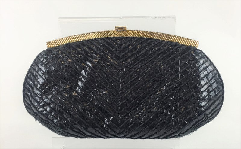 JUDITH LEIBER  BLACK SNAKE CLUTCH SHOULDER BAG, BLACK, 9.5"L X 2"W X 5.5"H