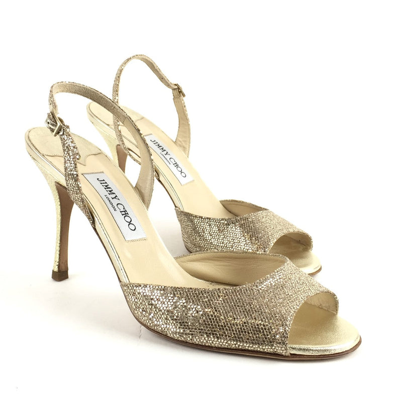 JIMMY CHOO GOLD & GLITTER OPEN TOE SHOES SZ 41