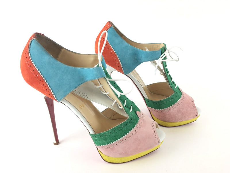 CHRISTIAN LOUBOUTIN SUEDE COLOR-BLOCK LACE UP PEEP PUMPS