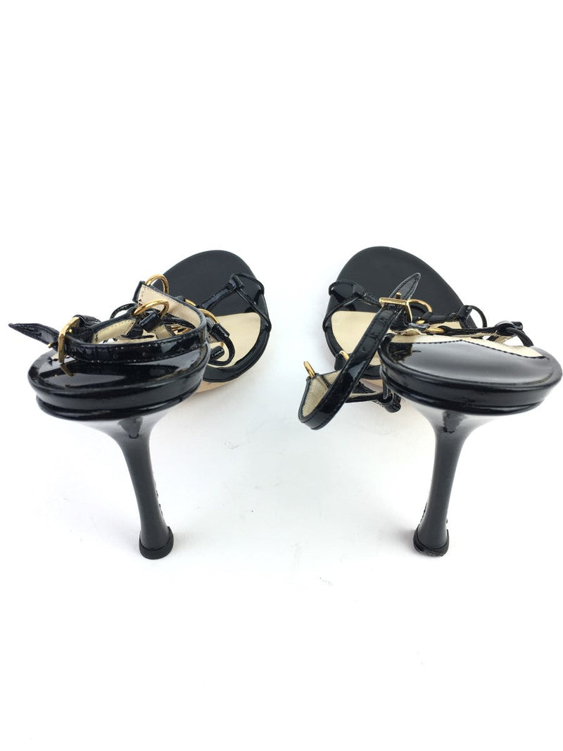 JIMMY CHOO HELIUM PATENT STRAPPY GOLD RING CAGED HEELS
