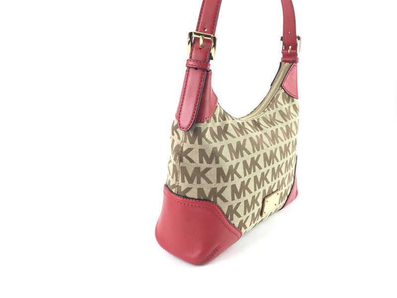 MICHAEL KORS MILLBROOK COLLECTION SIGNATURE MK JACQUARD HOBO BAG BEIGE/RED