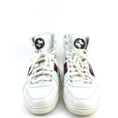 GUCCI SIGNATURE HIGH LEATHER SNEAKER, 11.5, WHITE, GREEN AND RED STRIPE