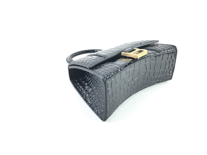 BALENCIAGA XS HOURGLASS CROC-EMBOSSED LEATHER TOP HANDLE BAG