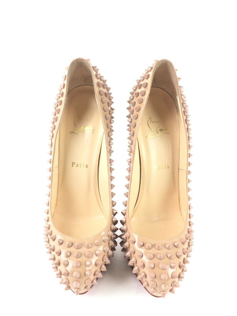 CHRISTIAN LOUBOUTIN NUDE PATENT LEATHER ALTI SPIKES 160 PUMPS