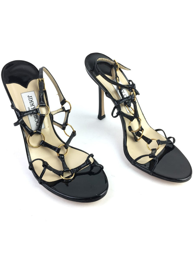 JIMMY CHOO HELIUM PATENT STRAPPY GOLD RING CAGED HEELS