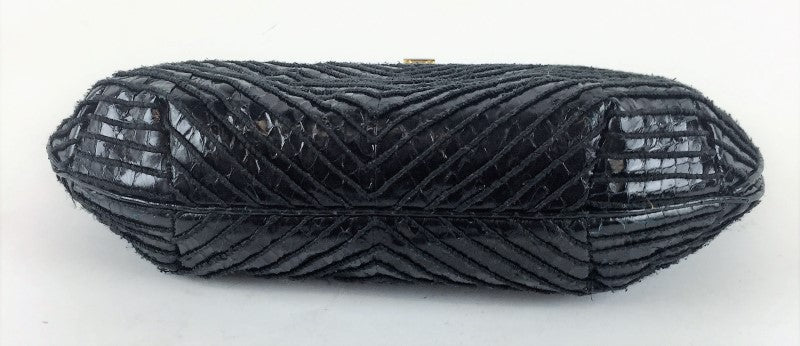 JUDITH LEIBER  BLACK SNAKE CLUTCH SHOULDER BAG, BLACK, 9.5"L X 2"W X 5.5"H