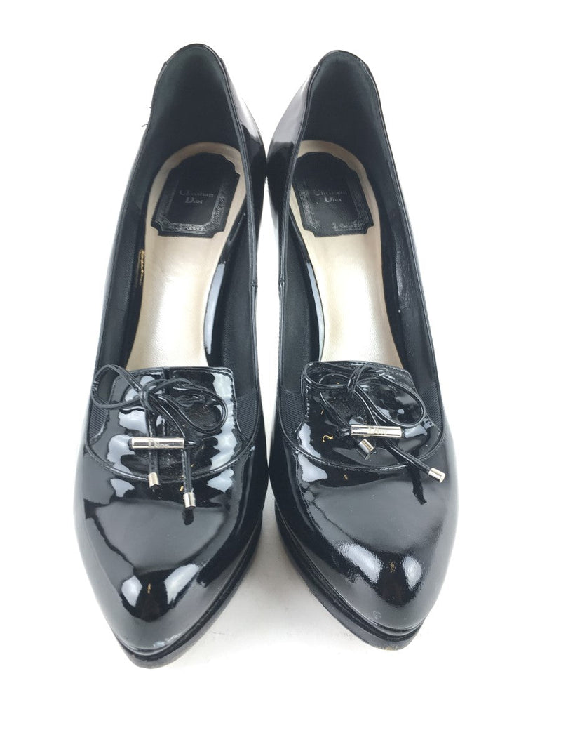 CHRISTIAN DIOR BLACK PATENT LEATHER BOW LOAFER PUMPS