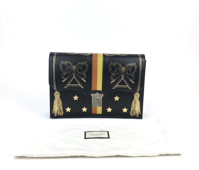 GUCCI CALFSKIN LEATHER STAR PORTFOLIO CLUTCH BAG BLACK 510422