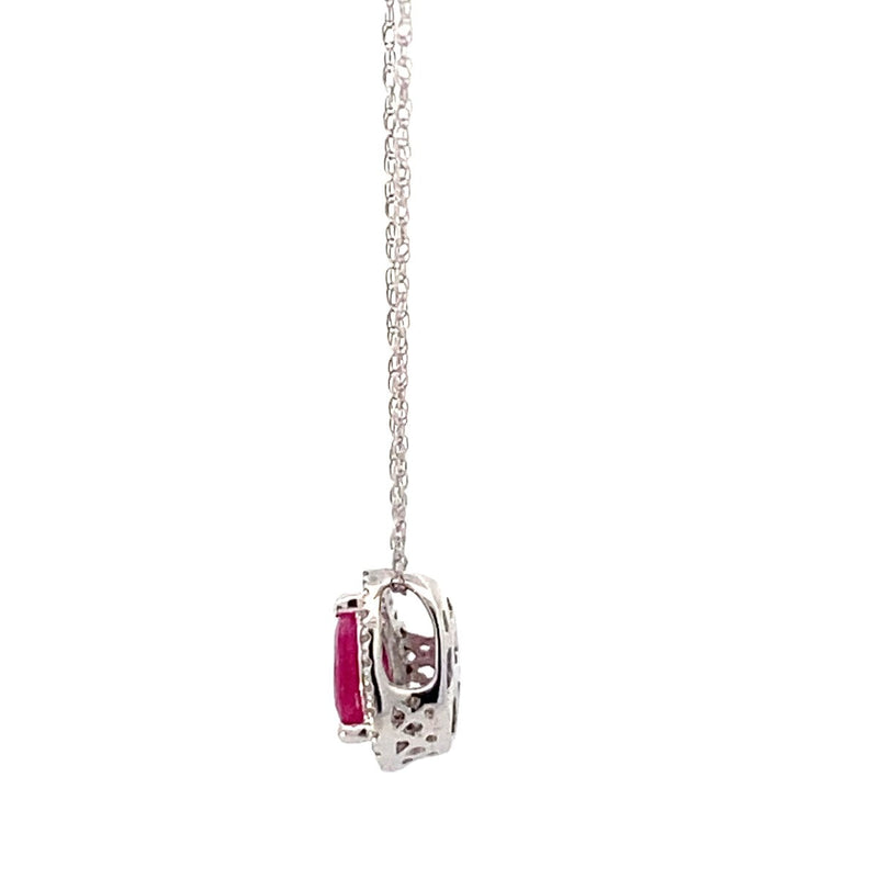 DIAMOND & RUBY NECKLACE 1.24G 14K-W/G, 1-PEAR CUT RUBY 0.40CTW, 21-ROUND BRILLIA