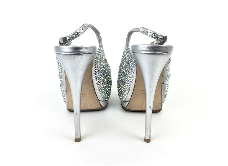 GIUSEPPE ZANOTTI SILVER SHARON CRYSTAL SLINGBACK PEEP TOE PLATFORM HEELS