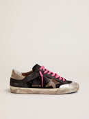 GOLDEN GOOSE SUPER-STAR SNEAKERS IN BLACK GLITTER AND SUEDE WITH CAMOUFLAGE FABR