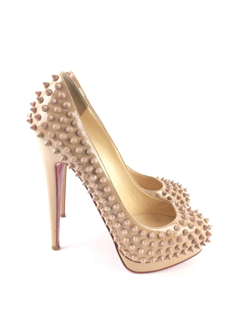 CHRISTIAN LOUBOUTIN NUDE PATENT LEATHER ALTI SPIKES 160 PUMPS