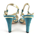 JIMMY CHOO BLUE SUEDE AND GOLD METALLIC LEATHER STRAPPY HEEL