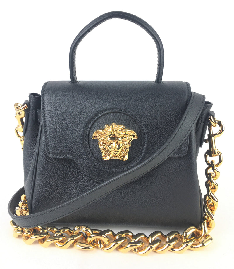 Versace Grained Calfskin Model LA Medusa Small Black Leather Shoulder Handbag (CZX) 3445