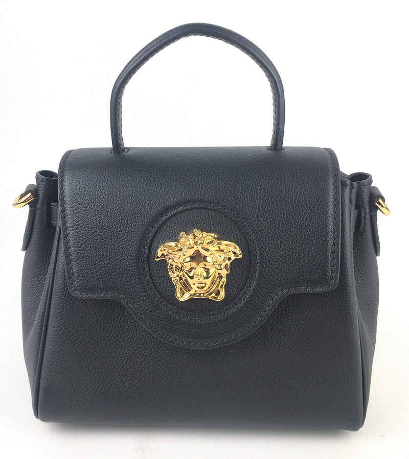 Versace Grained Calfskin Model LA Medusa Small Black Leather Shoulder Handbag (CZX) 3445