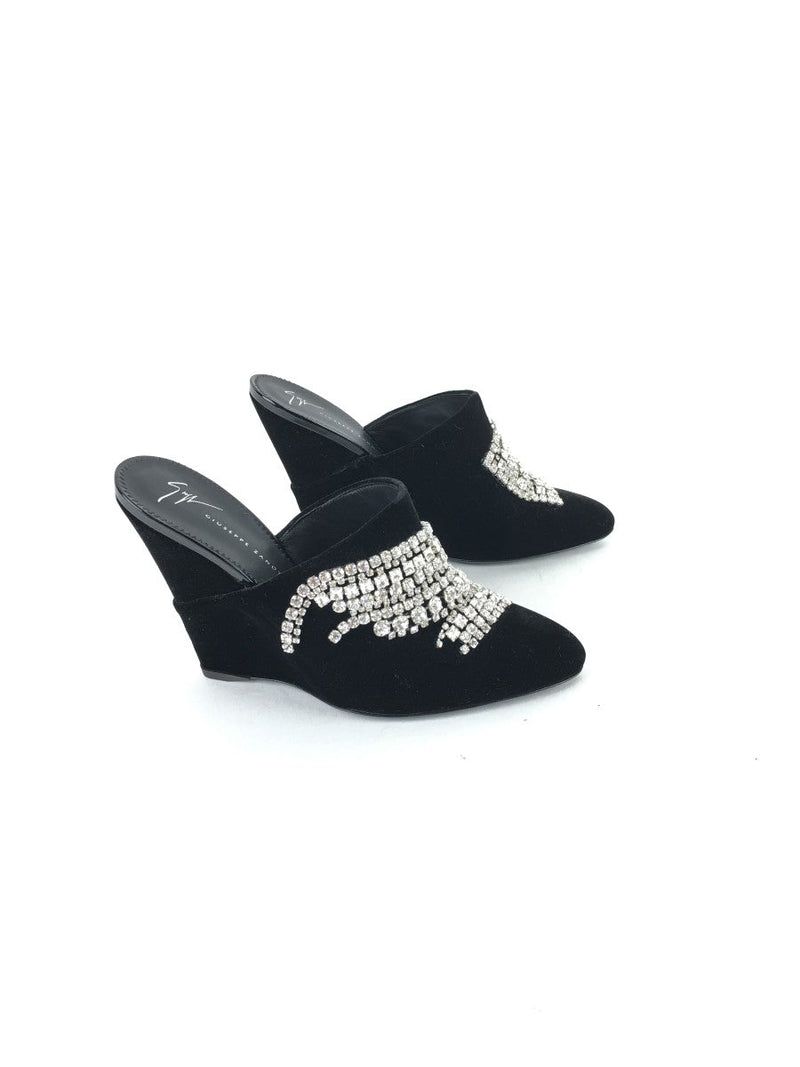 GIUSEPPE ZANOTTI VELVET CRYSTAL WEDGE MULE, BLACK,