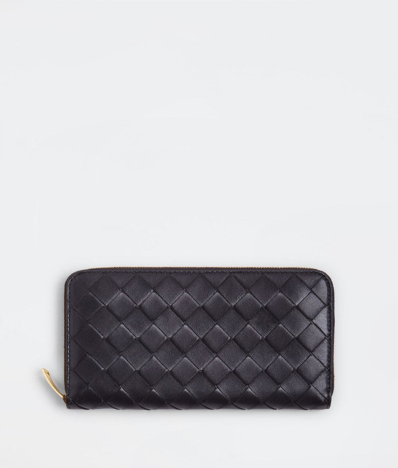 BOTTEGA VENETA WOVEN LEATHER ZIP AROUND WALLET BROWN