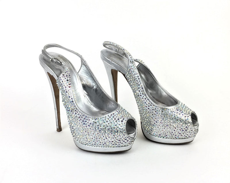 GIUSEPPE ZANOTTI SILVER SHARON CRYSTAL SLINGBACK PEEP TOE PLATFORM HEELS