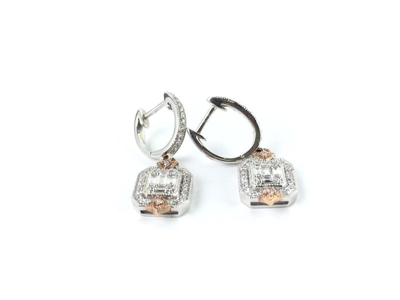 Gold-Diamond Earrings 44 Diamonds .88 Carat T.W. 14K Tri-color Gold 5.12g