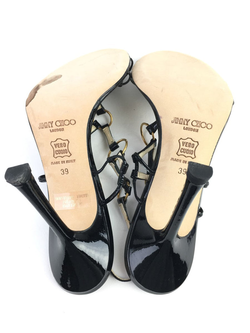 JIMMY CHOO HELIUM PATENT STRAPPY GOLD RING CAGED HEELS