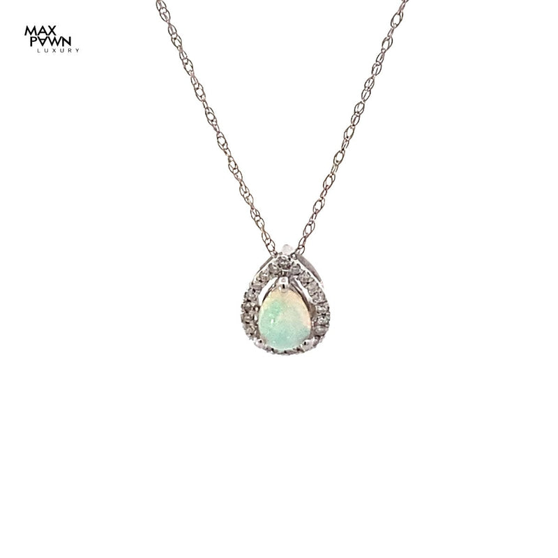 DIAMOND & OPAL NECKLACE 1.24G 14K-W/G, 1-PEAR CUT OPAL 0.21CTW, 21-ROUND BRILLIA