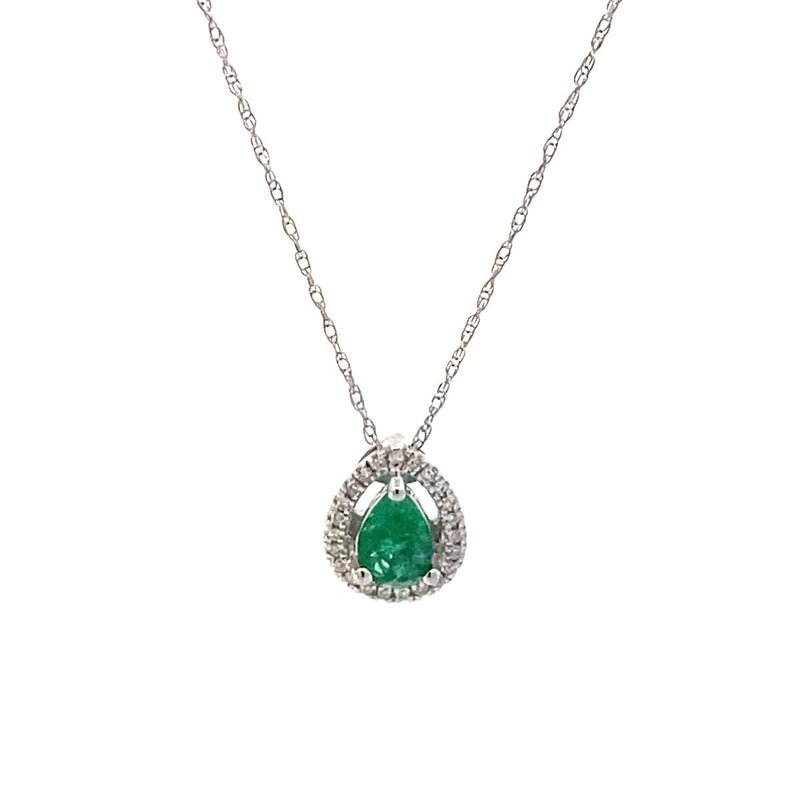 DIAMOND & EMERALD NECKLACE 1.24G 14K-W/G, 1-PEAR CUT EMERALD 0.27CTW, 21-ROUND B