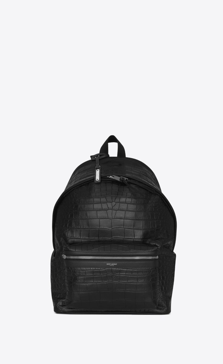 YVES SAINT LAURENT CROCODILE EMBOSSED LEATHER CITY BACKPACK BLACK