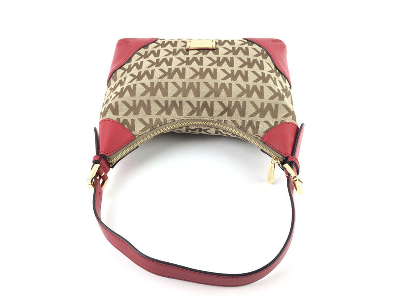 MICHAEL KORS MILLBROOK COLLECTION SIGNATURE MK JACQUARD HOBO BAG BEIGE/RED