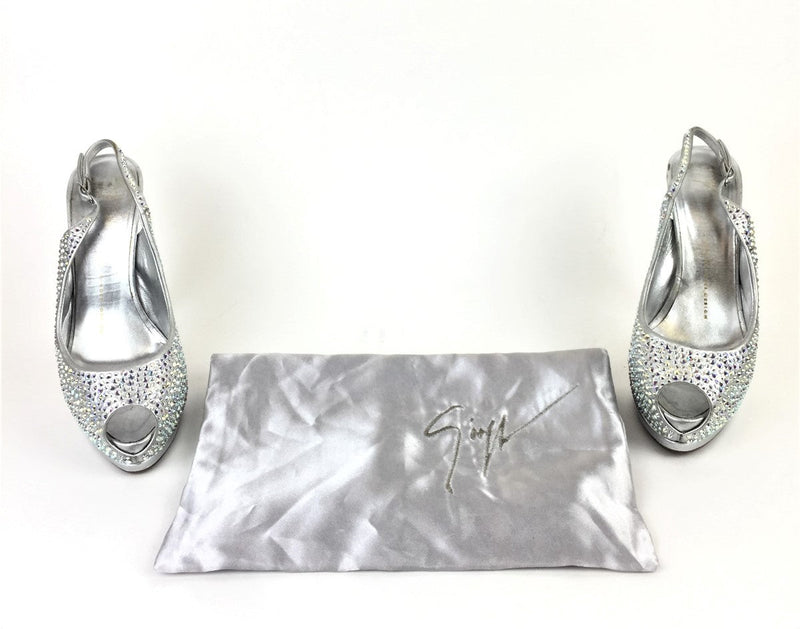 GIUSEPPE ZANOTTI SILVER SHARON CRYSTAL SLINGBACK PEEP TOE PLATFORM HEELS