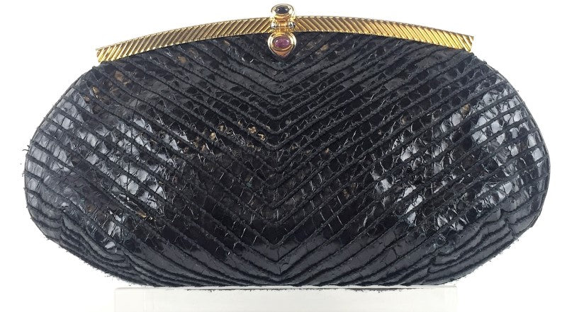 JUDITH LEIBER  BLACK SNAKE CLUTCH SHOULDER BAG, BLACK, 9.5"L X 2"W X 5.5"H