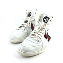 GUCCI SIGNATURE HIGH LEATHER SNEAKER, 11.5, WHITE, GREEN AND RED STRIPE