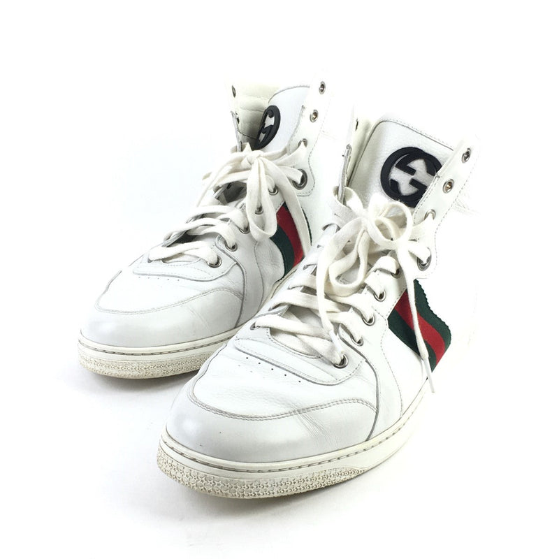 GUCCI SIGNATURE HIGH LEATHER SNEAKER, 11.5, WHITE, GREEN AND RED STRIPE